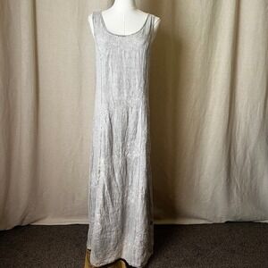 Lina Tomei Italy Linen Embroidered Maxi Dress‎ M Boho Cottagecore 52" Long Gray